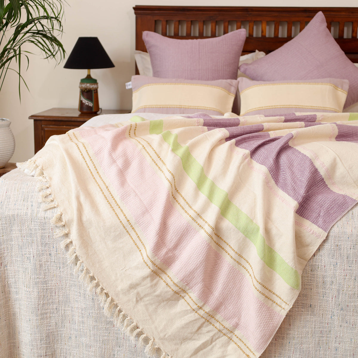 Pure Cotton Handwoven Bed/Sofa Throw with Cushion Cover Set 06