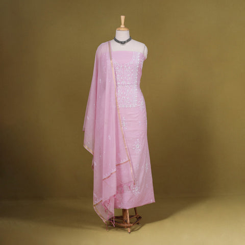 Pink 2pc Mul Chanderi Unstitched Chikankari Dress Material
