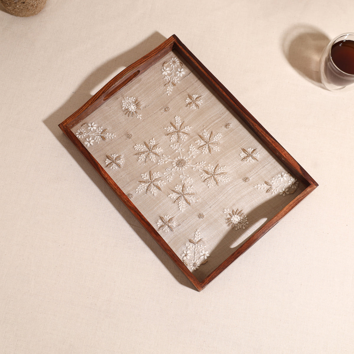 Lucknowi Chikankari Zari Hand Embroidered Sheesham Wood Tray 07