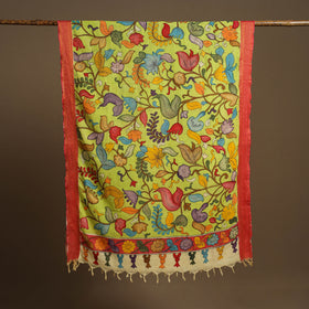 Green Pen Work Chanderi Silk Handpainted Kalamkari Dupatta