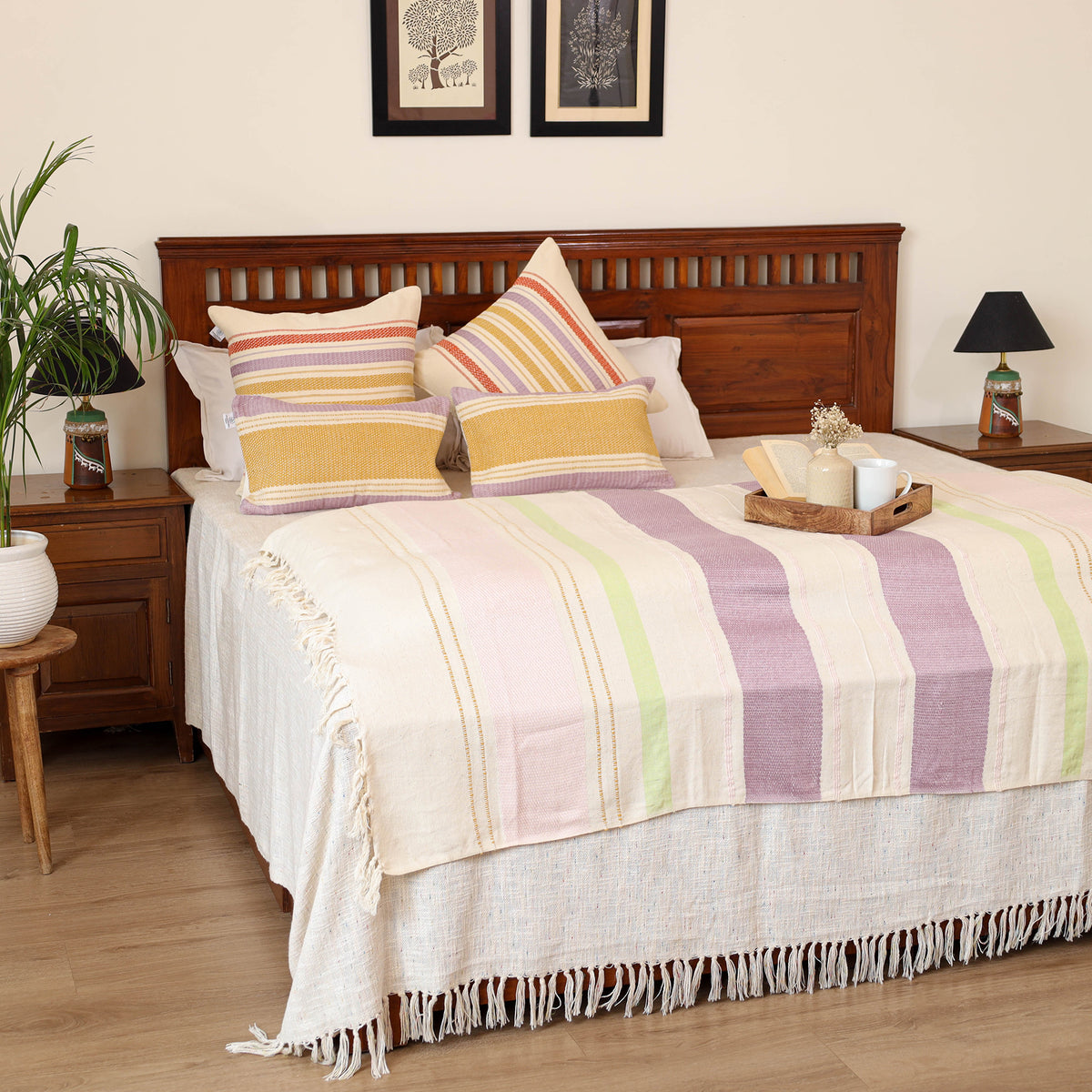 Pure Cotton Handwoven Bed/Sofa Throw with Cushion Cover Set 07