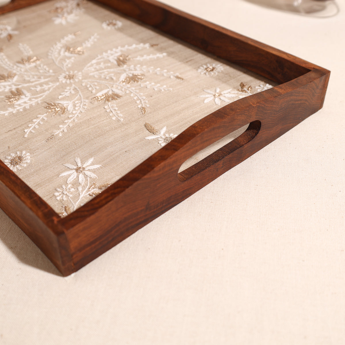 Lucknowi Chikankari Zari Hand Embroidered Sheesham Wood Tray 08