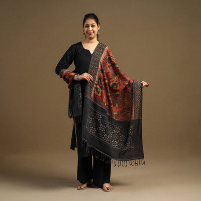 Pen Work Cotton Ikat Border Handpainted Kalamkari Dupatta
