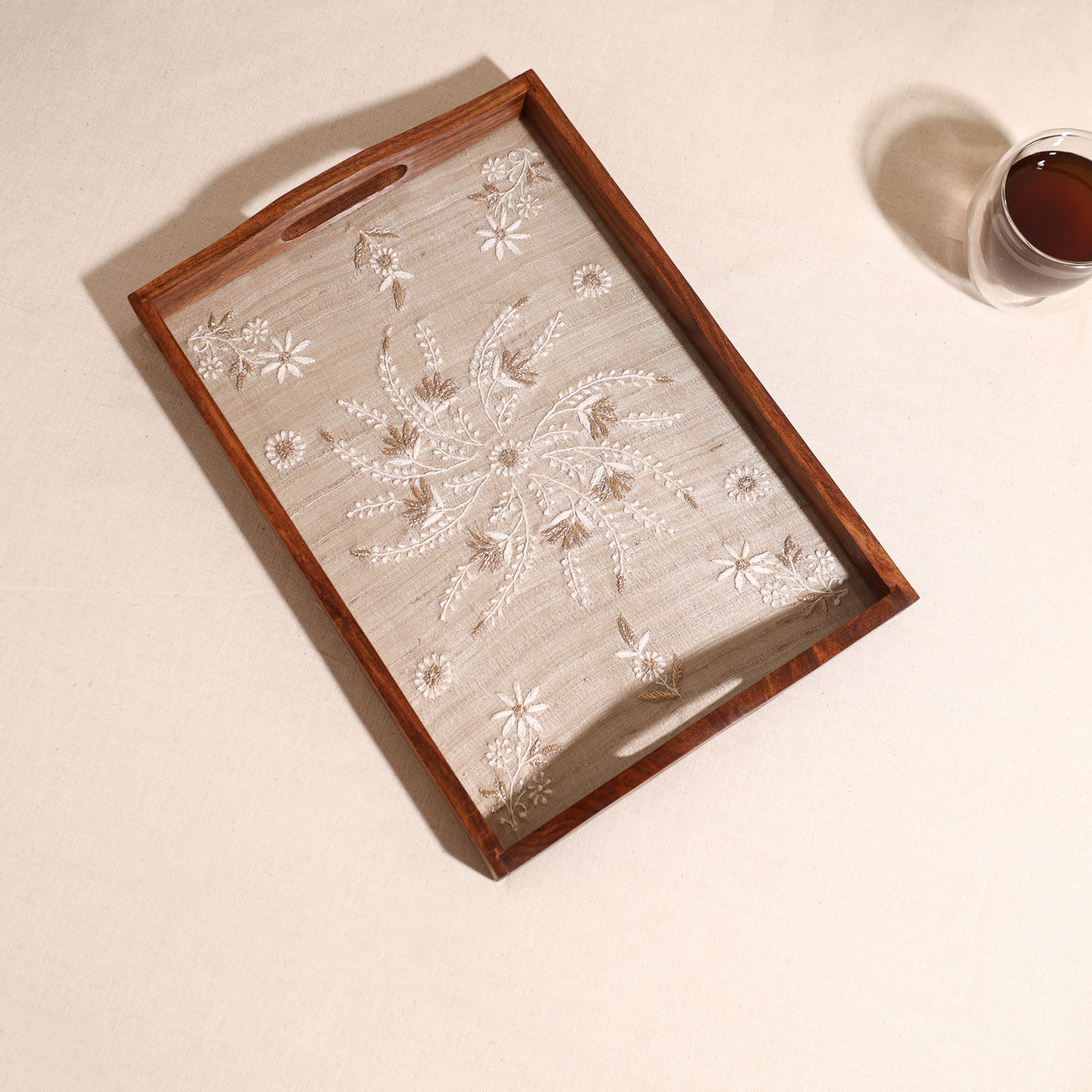 Lucknowi Chikankari Zari Hand Embroidered Sheesham Wood Tray 08