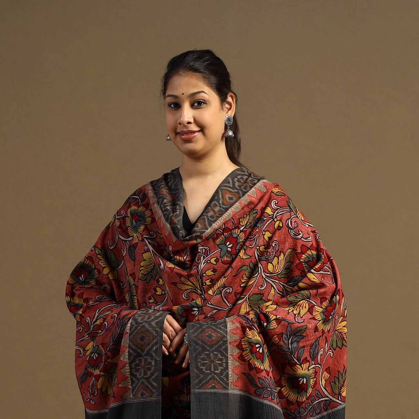 Pen Work Cotton Ikat Border Handpainted Kalamkari Dupatta