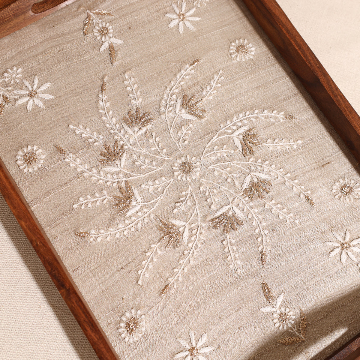 Lucknowi Chikankari Zari Hand Embroidered Sheesham Wood Tray 08