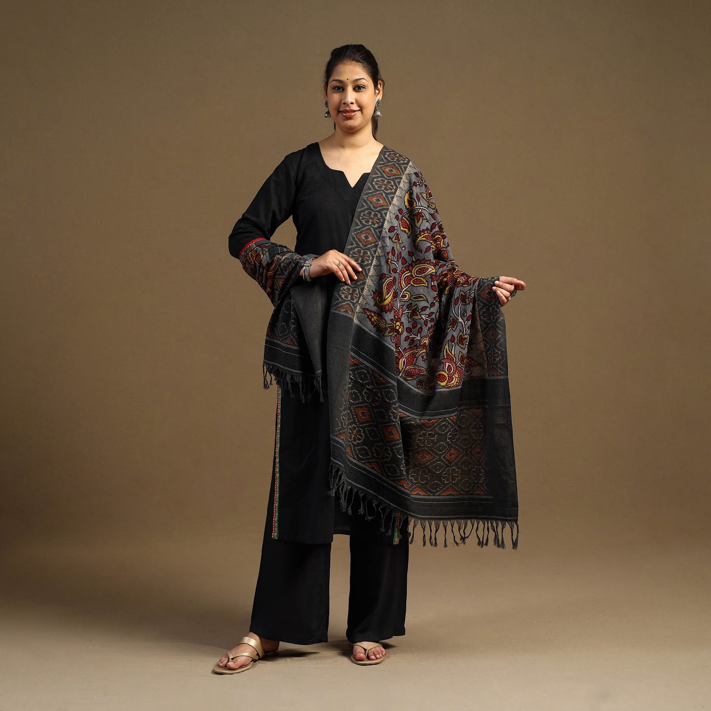 Pen Work Cotton Ikat Border Handpainted Kalamkari Dupatta