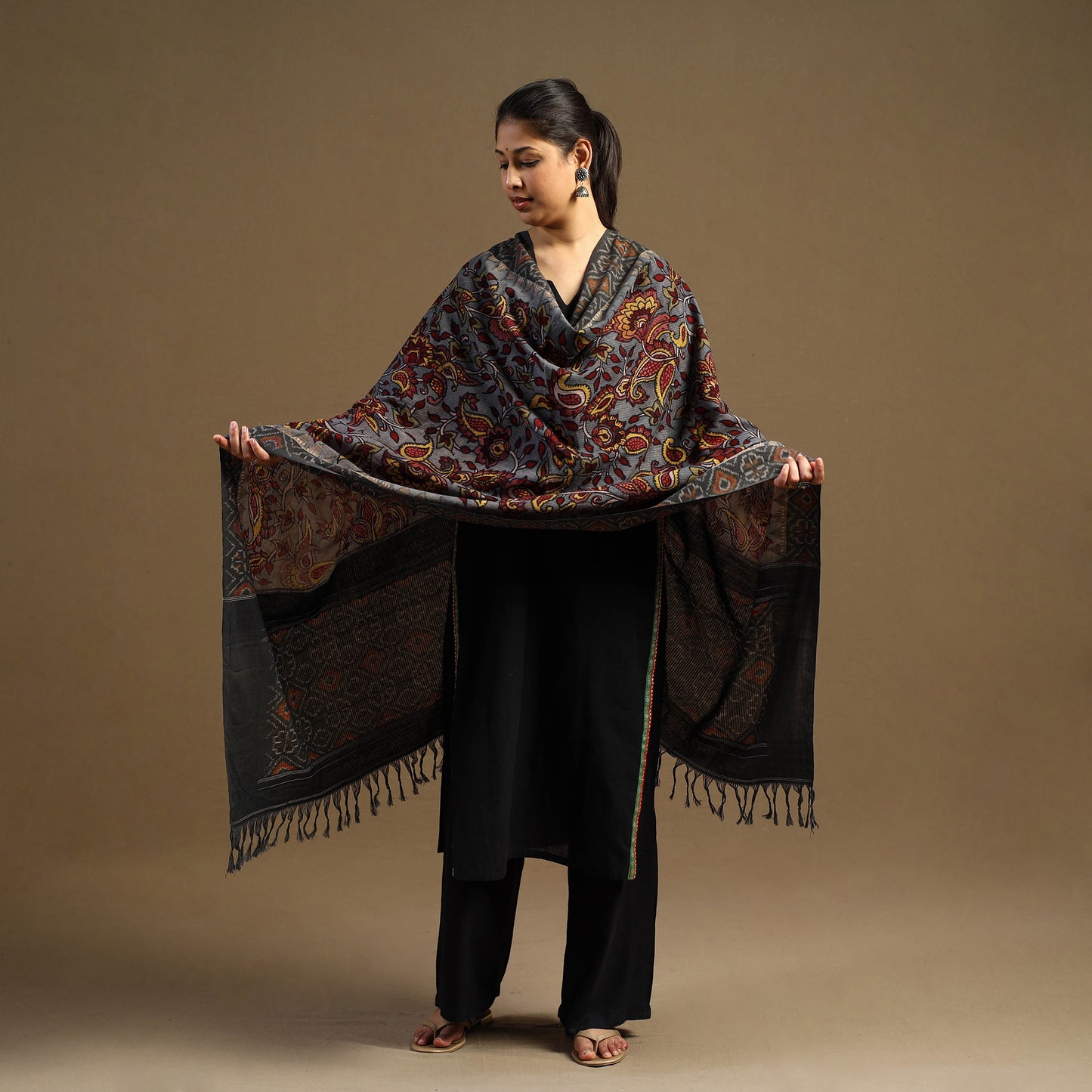 Pen Work Cotton Ikat Border Handpainted Kalamkari Dupatta