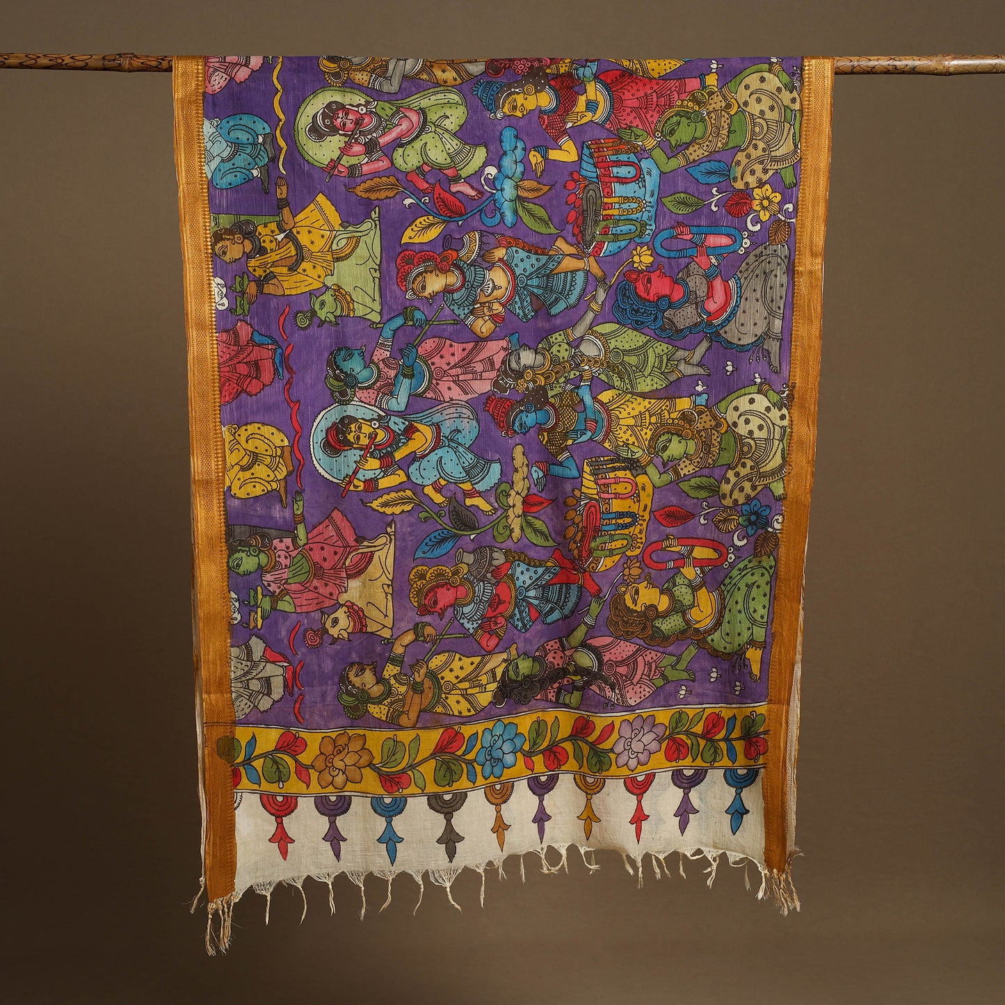 Purple Pen Work Chanderi Silk Handpainted Kalamkari Dupatta