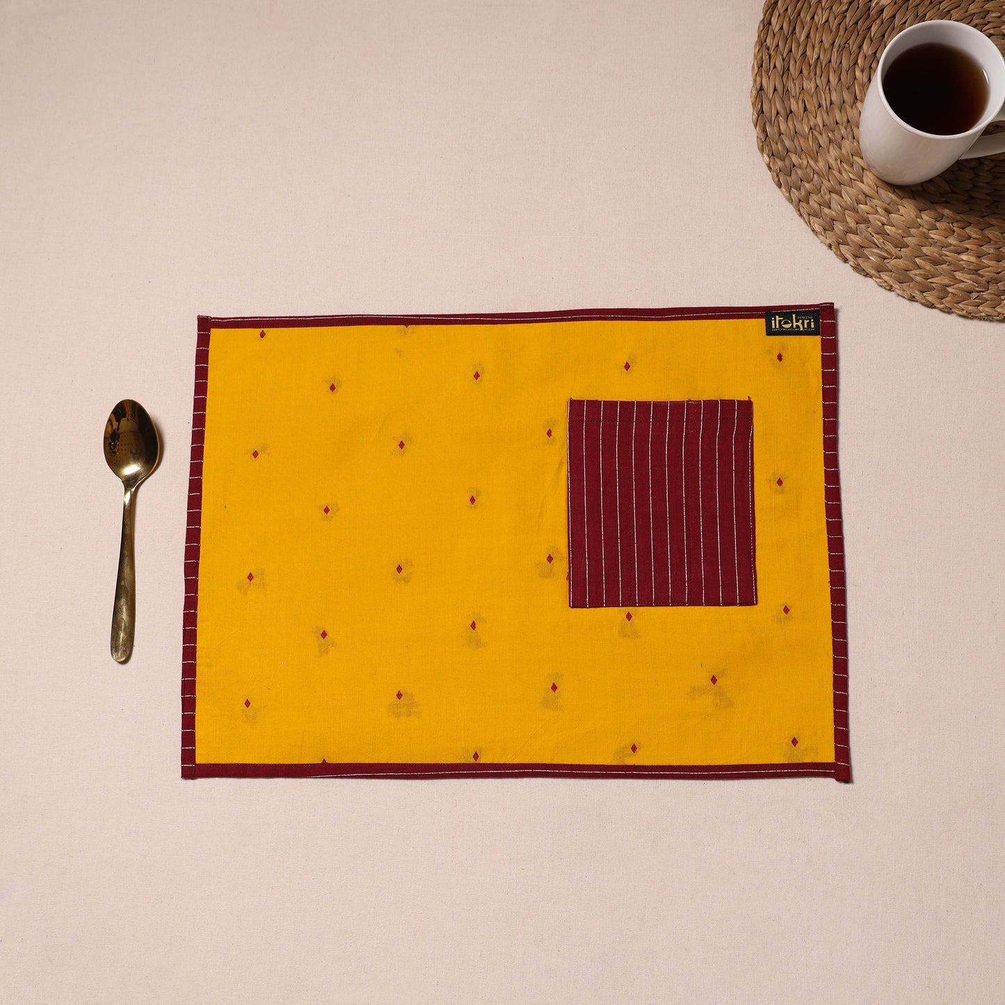 Yellow Jacquard Cotton Table Mat With Pocket