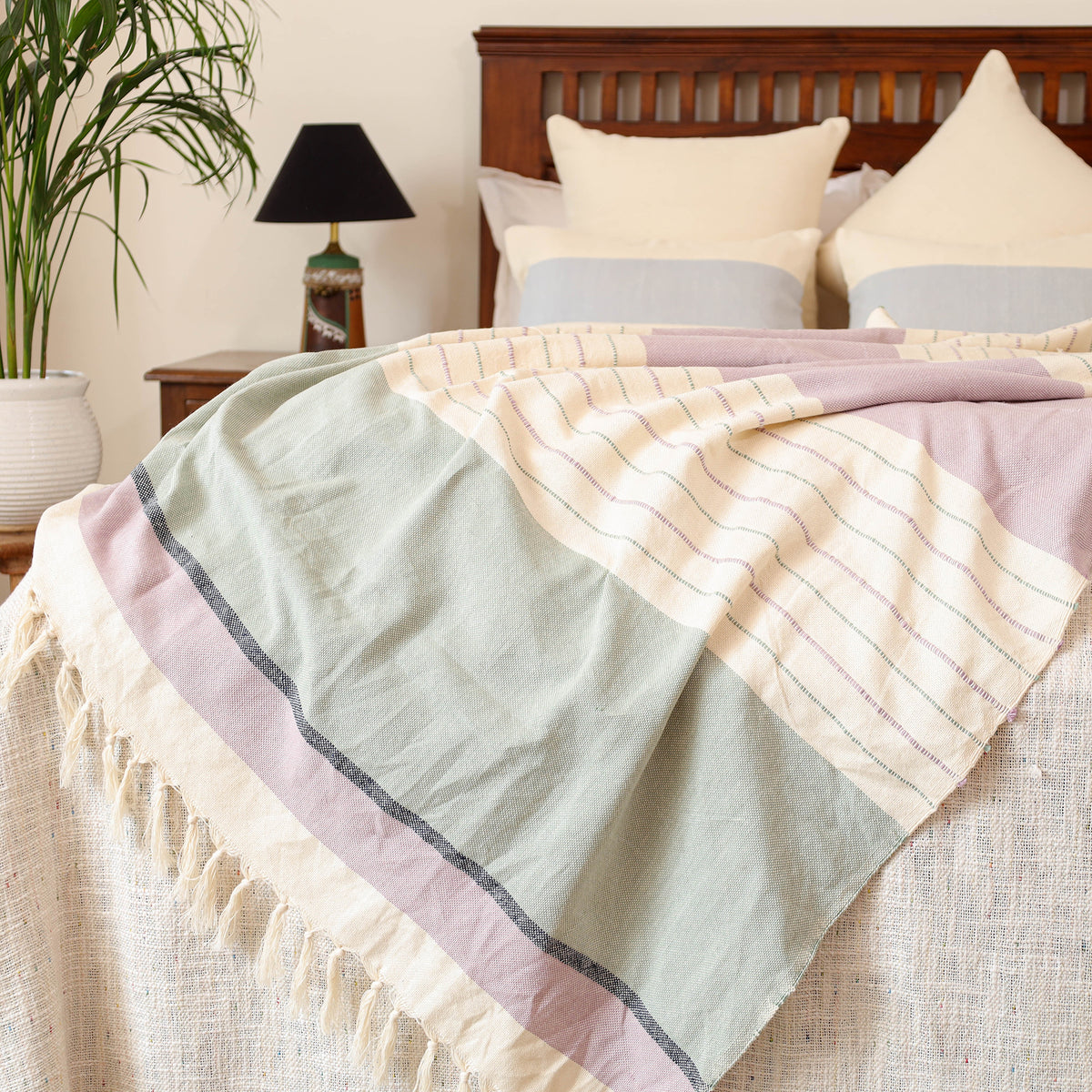 Pure Cotton Handwoven Bed/Sofa Throw with Cushion Cover Set 09