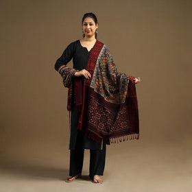 Grey Pen Work Cotton Ikat Border Handpainted Kalamkari Dupatta