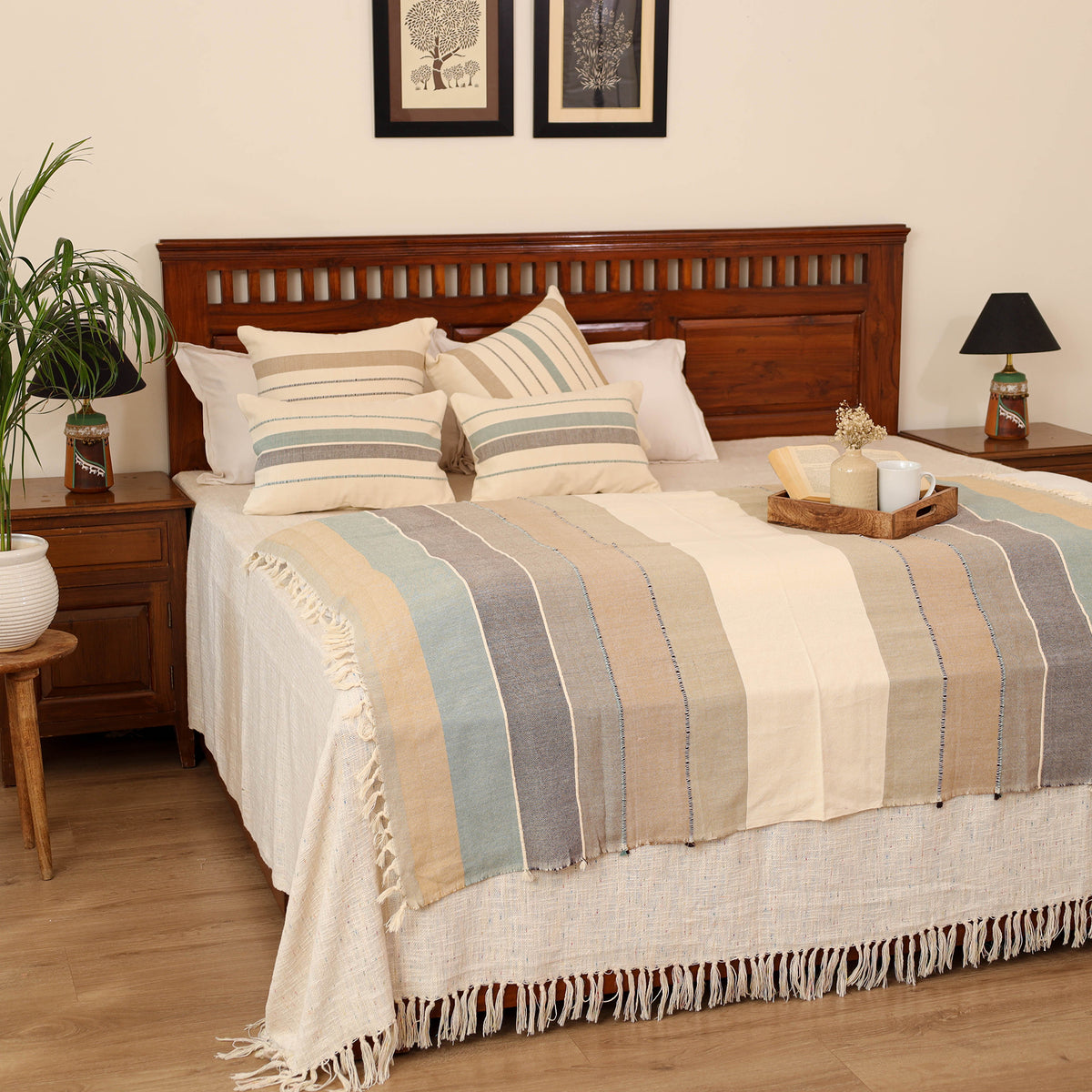 Pure Cotton Handwoven Bed/Sofa Throw with Cushion Cover Set 10
