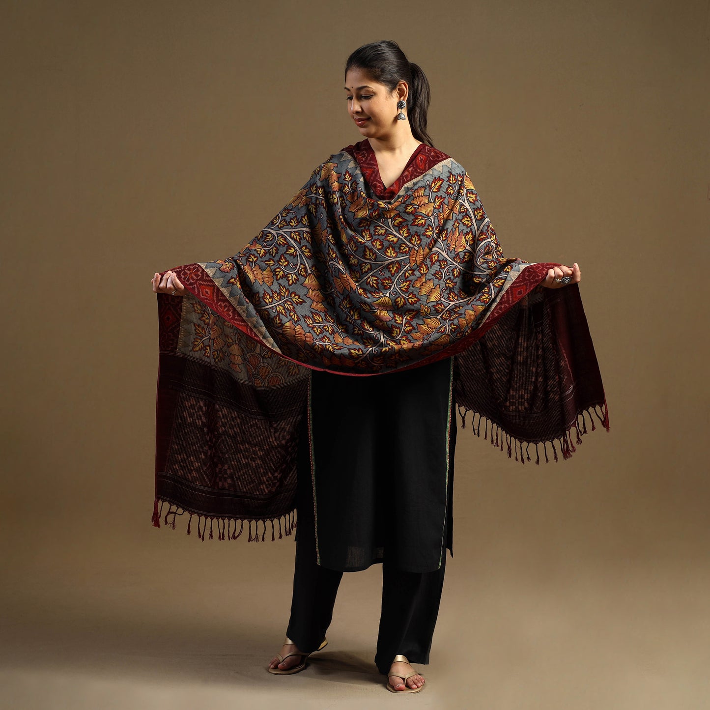 Grey Pen Work Cotton Ikat Border Handpainted Kalamkari Dupatta
