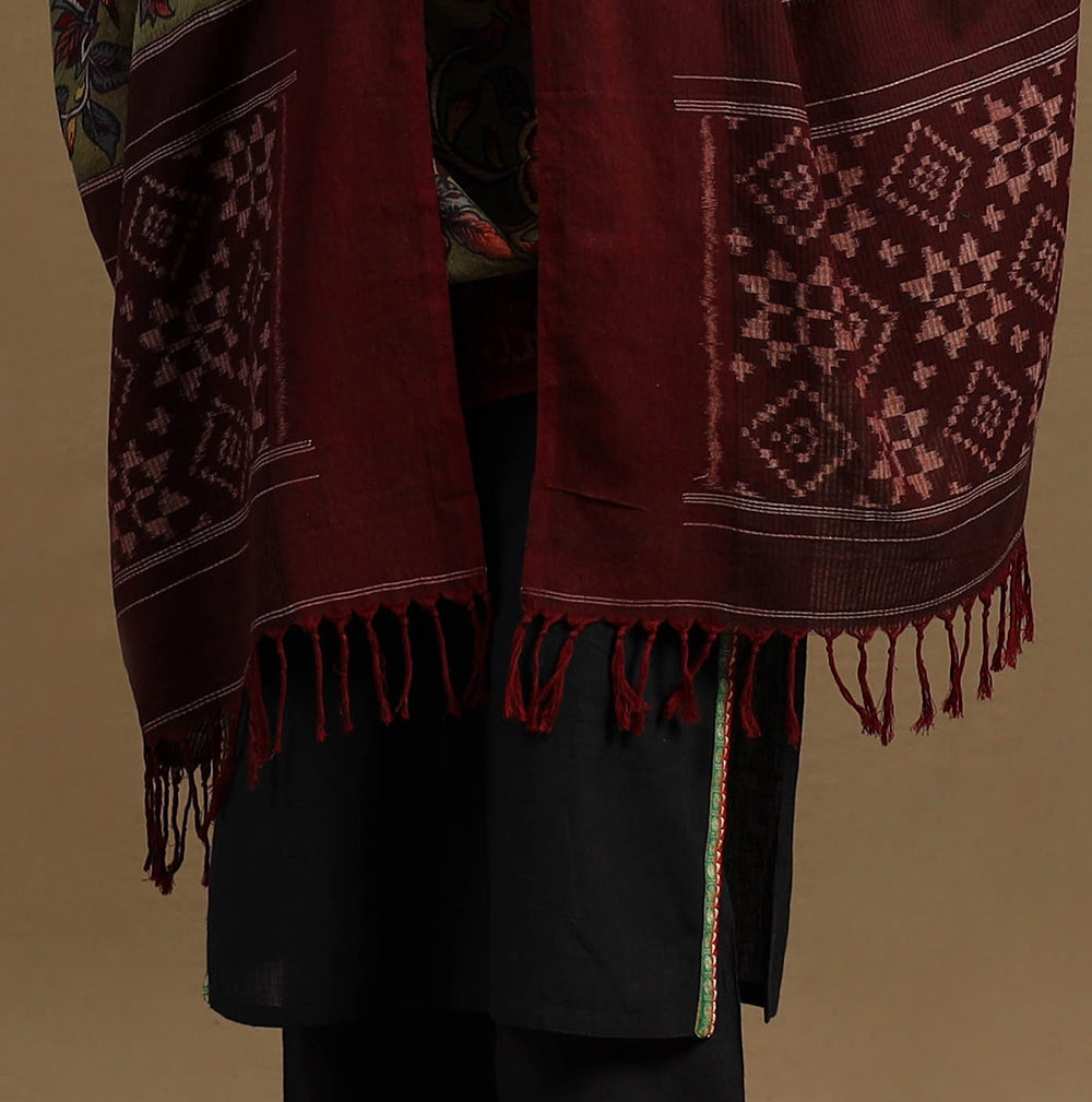 Pen Work Cotton Ikat Border Handpainted Kalamkari Dupatta