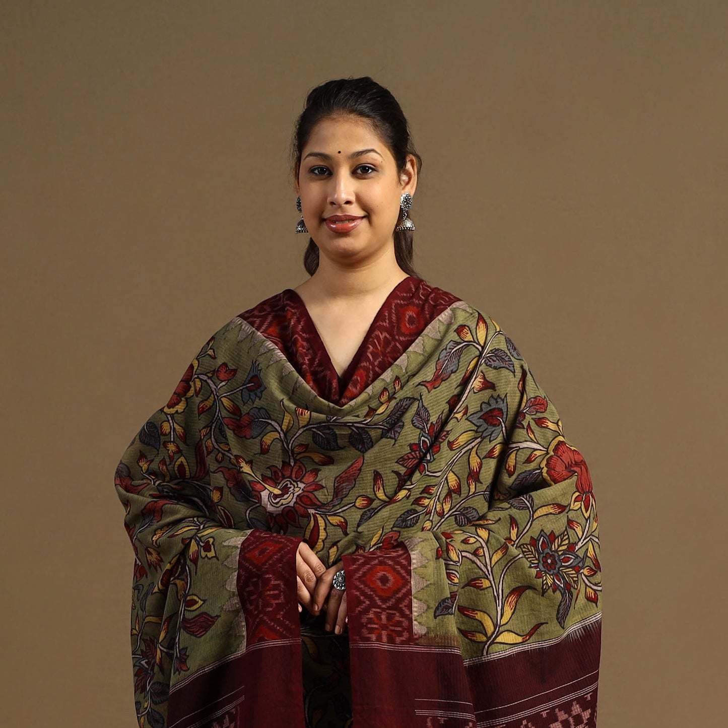 Pen Work Cotton Ikat Border Handpainted Kalamkari Dupatta