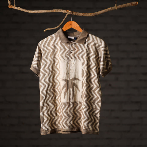 Brown - Bindaas Natural Dyed Art Block Print Polo Collar T-shirt in Pure Cotton