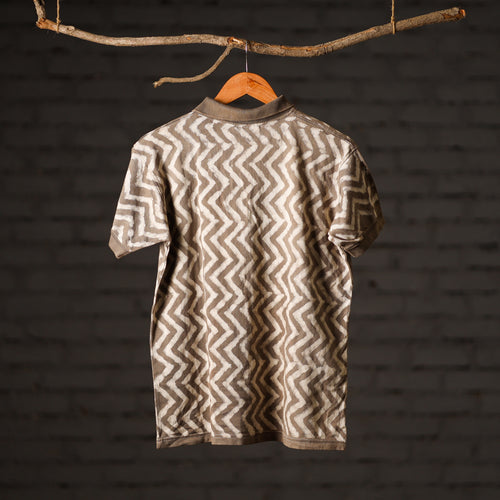 Brown - Bindaas Natural Dyed Art Block Print Polo Collar T-shirt in Pure Cotton