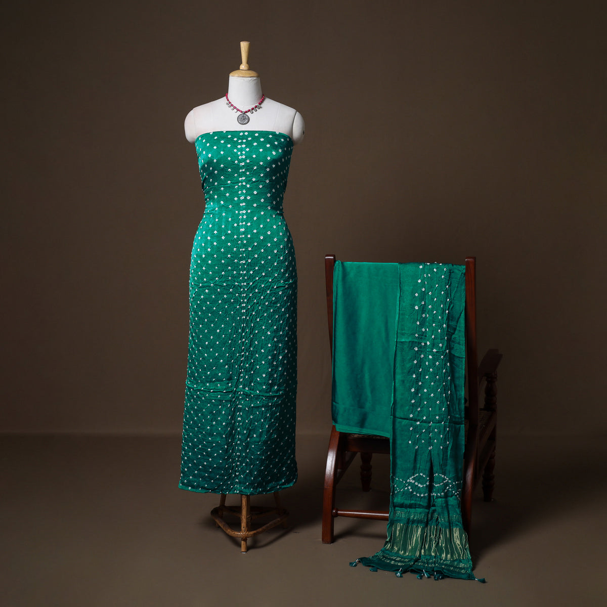 Kutch Bandhani Modal Silk Unstitched Dress Material: Kurta, Bottom & Dupatta 01