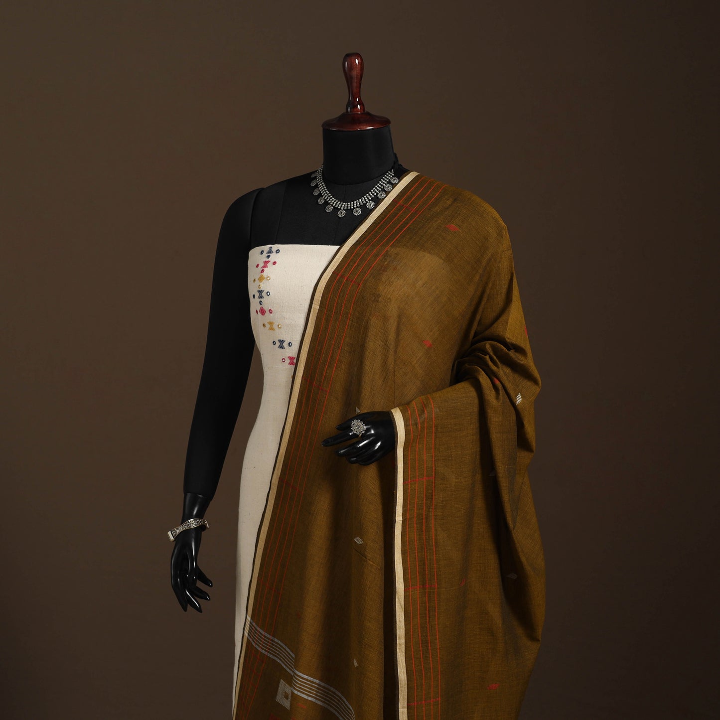Brown Handloom Cotton Burdwan Jamdani Dupatta