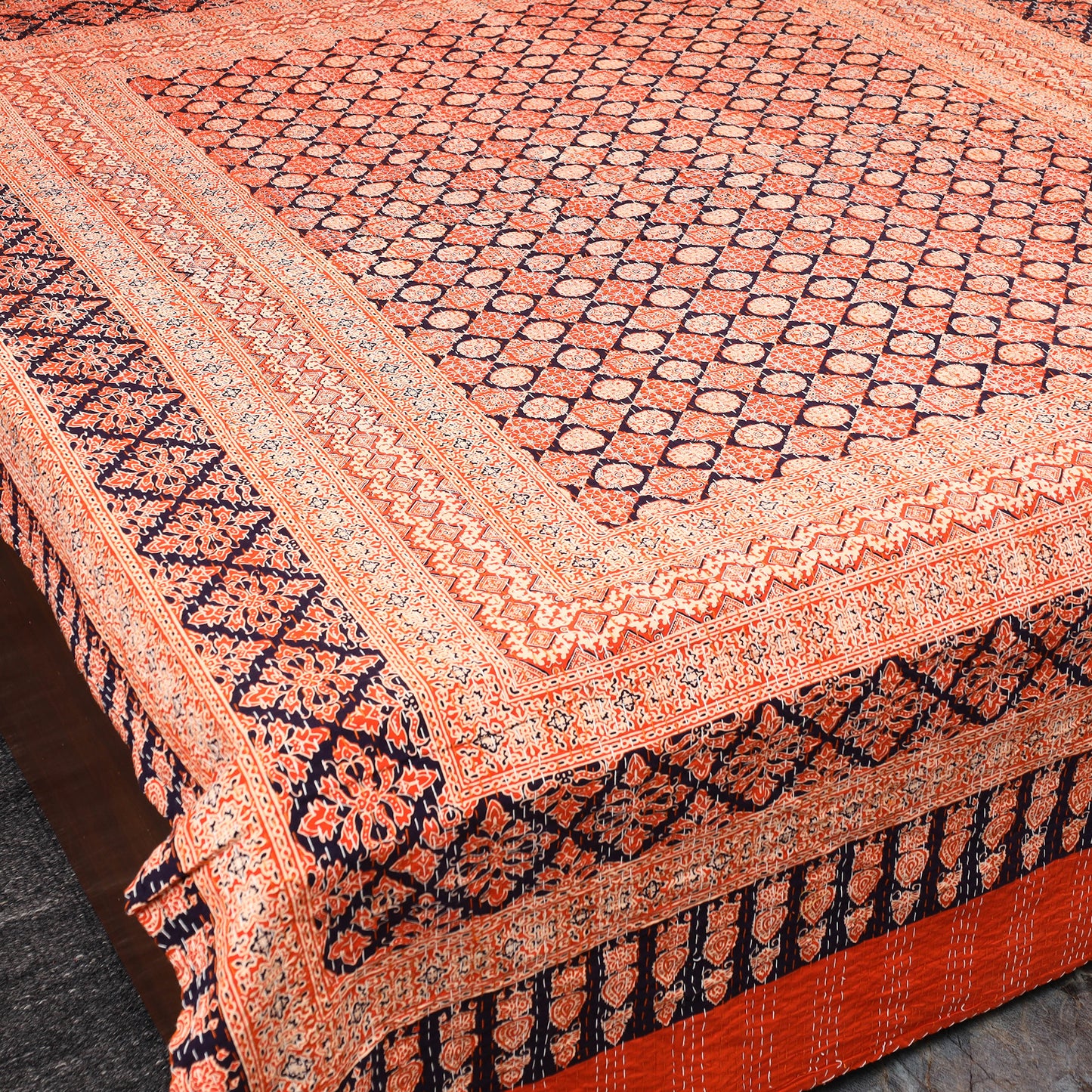 Green - Ajrakh Print Double Tagai Kantha Bed Cover 47