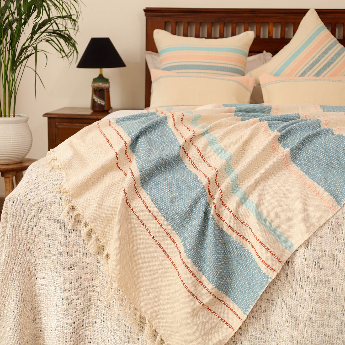 Pure Cotton Handwoven Bed/Sofa Throw with Cushion Cover Set 02