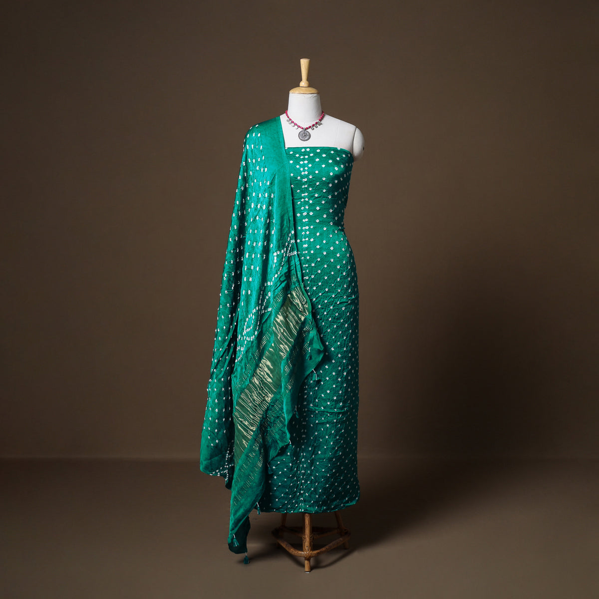 Kutch Bandhani Modal Silk Unstitched Dress Material: Kurta, Bottom & Dupatta 01