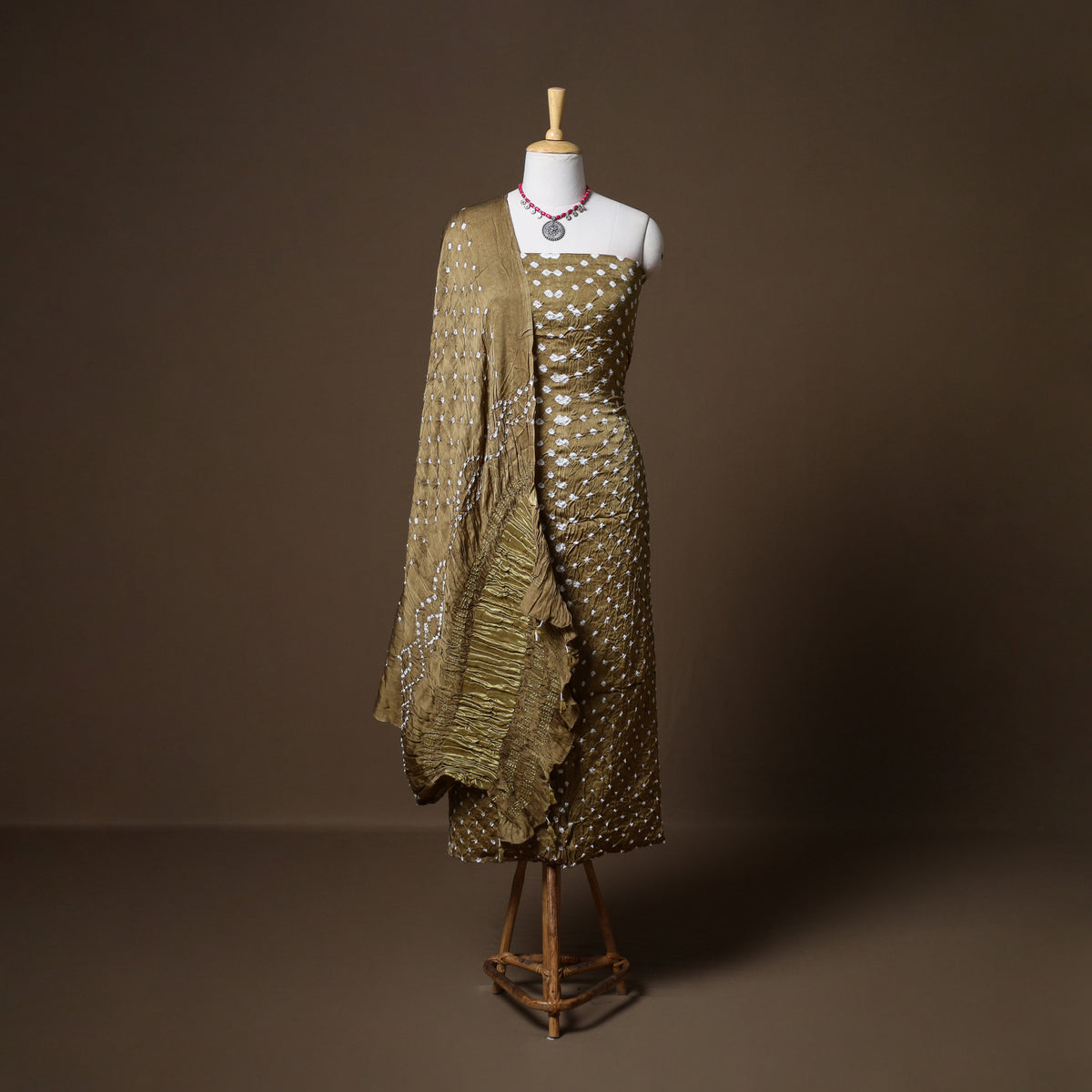 Kutch Bandhani Modal Silk Unstitched Dress Material: Kurta, Bottom & Dupatta 02