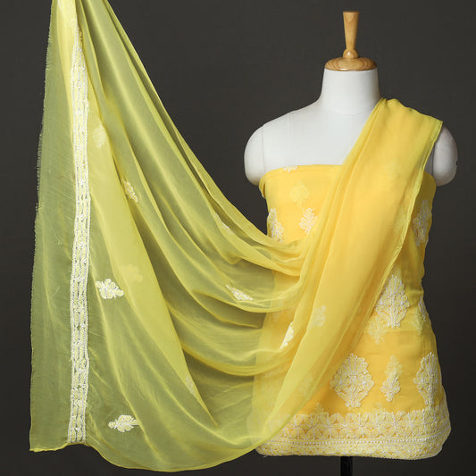 Yellow - 3pc Lucknow Chikankari Hand Embroidery Georgette Suit Material Set 25