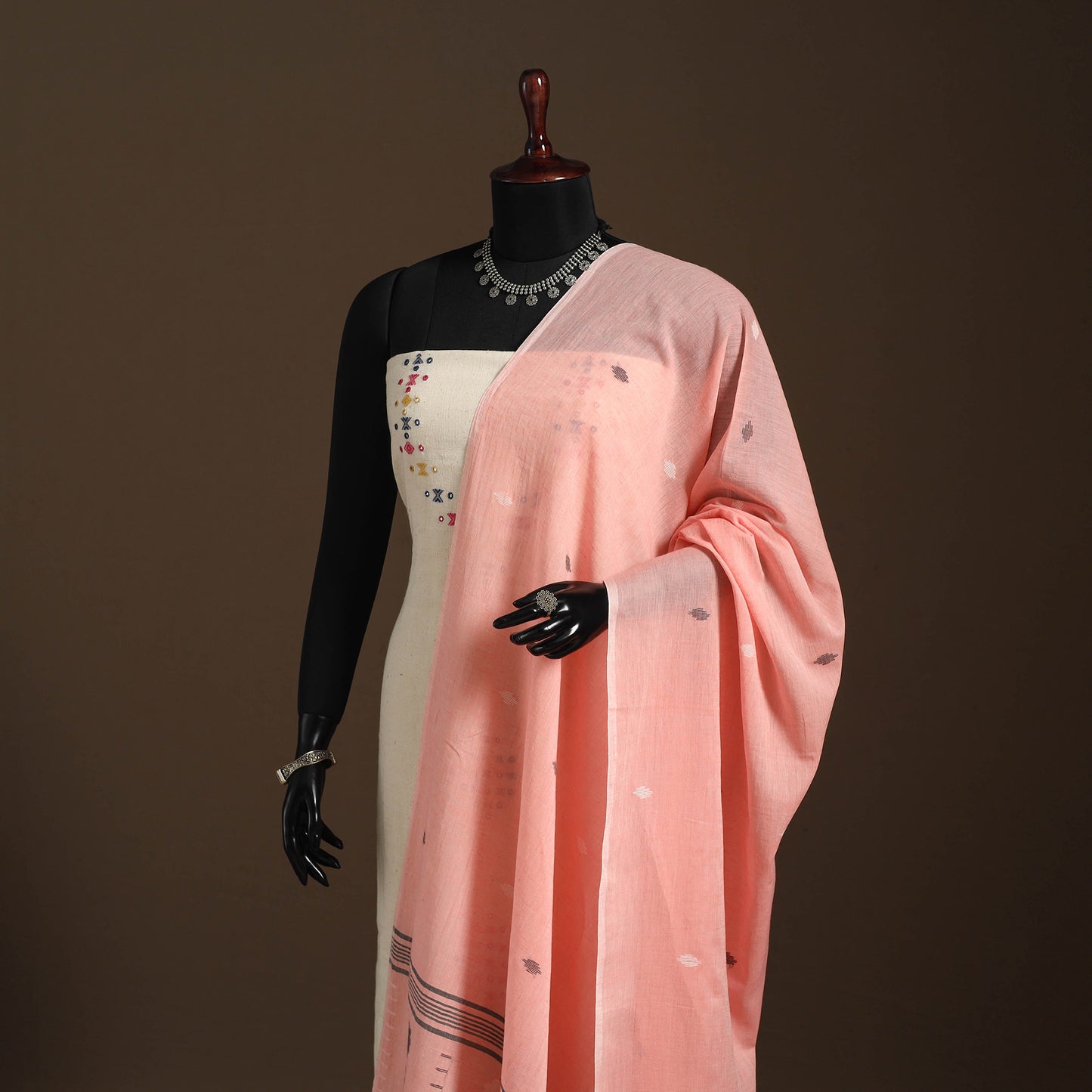 Pink Handloom Cotton Burdwan Jamdani Dupatta