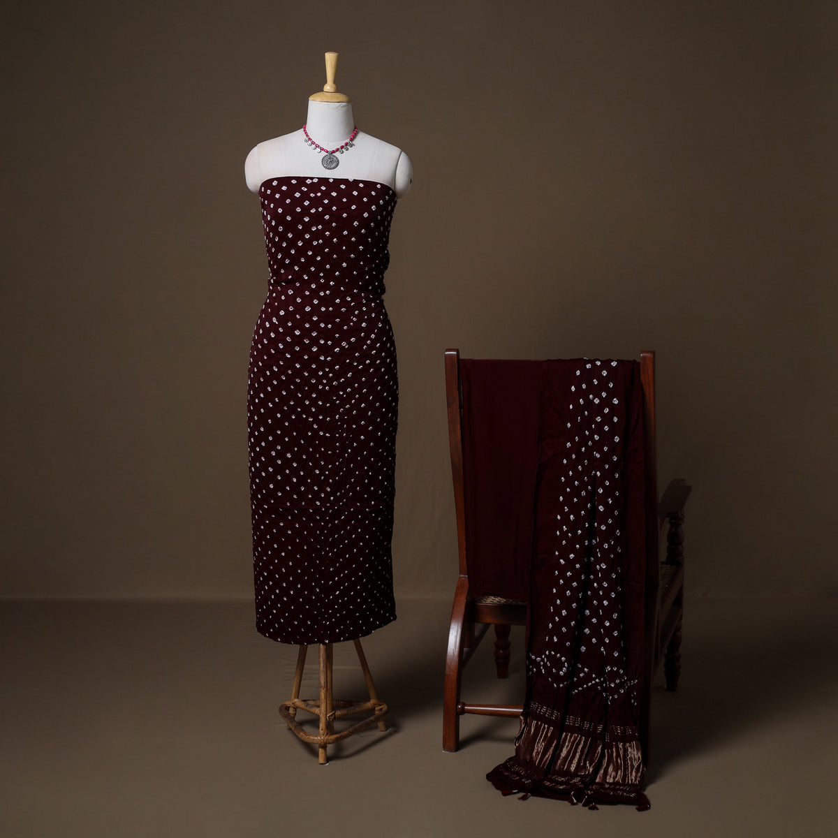Kutch Bandhani Modal Silk Unstitched Dress Material: Kurta, Bottom & Dupatta 03