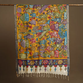 Yellow Pen Work Chanderi Silk Handpainted Kalamkari Dupatta