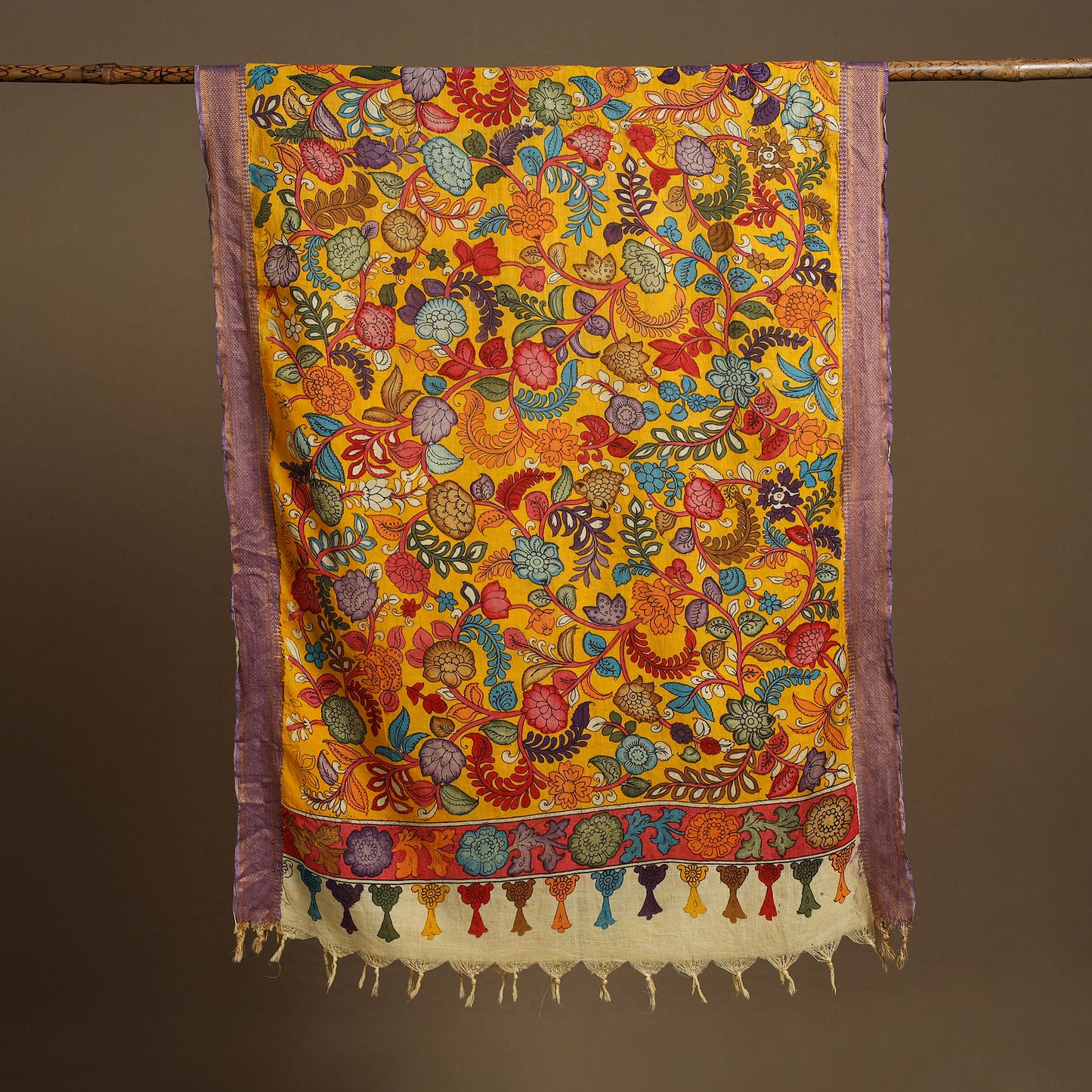 Orange Pen Work Chanderi Silk Handpainted Kalamkari Dupatta