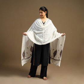 White Handloom Chanderi Silk Kashida Embroidery Dupatta