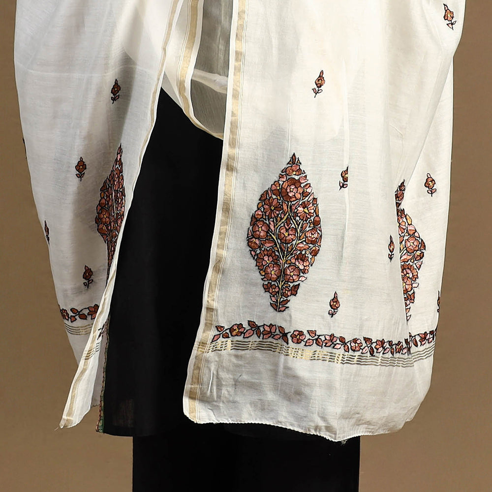 White Handloom Chanderi Silk Kashida Embroidery Dupatta