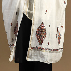 White Handloom Chanderi Silk Kashida Embroidery Dupatta