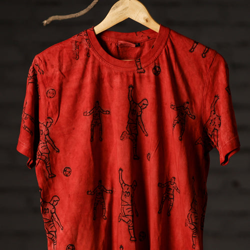 Red - Bindaas Natural Dyed Art Block Print Round Neck T-shirt in Pure Cotton