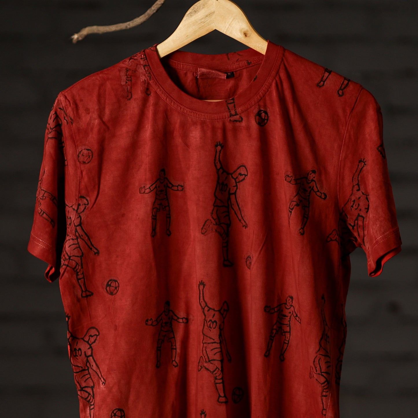 Red - Bindaas Natural Dyed Art Block Print Round Neck T-shirt in Pure Cotton