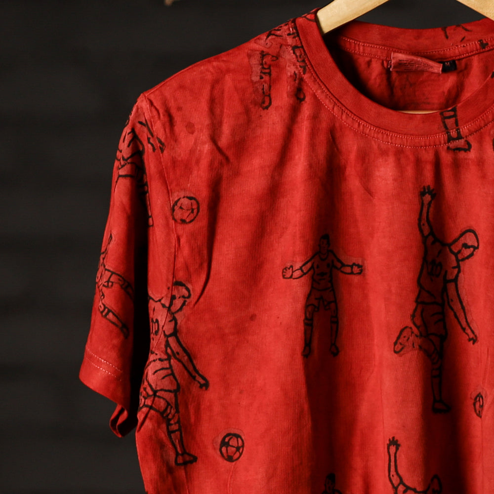 Red - Bindaas Natural Dyed Art Block Print Round Neck T-shirt in Pure Cotton