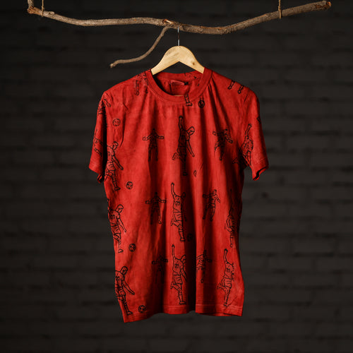 Red - Bindaas Natural Dyed Art Block Print Round Neck T-shirt in Pure Cotton