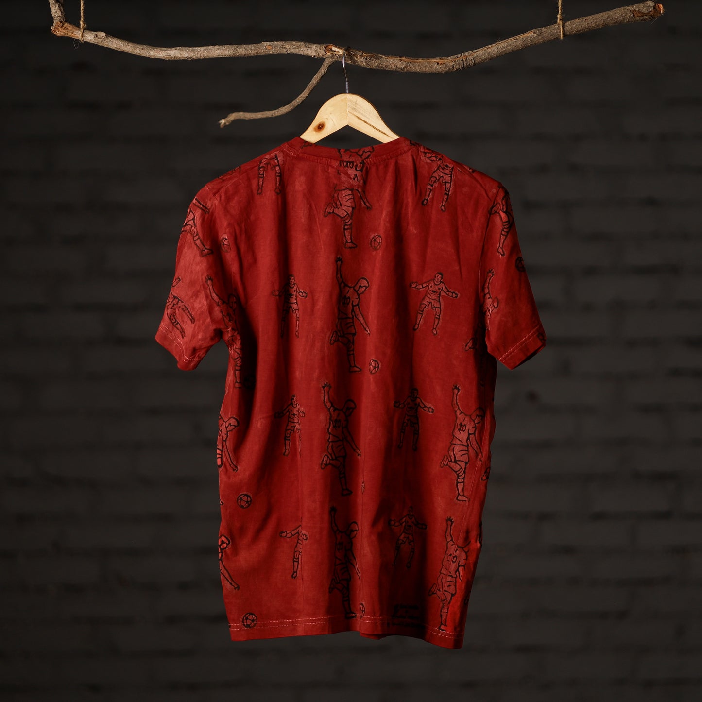 Red - Bindaas Natural Dyed Art Block Print Round Neck T-shirt in Pure Cotton