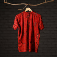 Red - Bindaas Natural Dyed Art Block Print Round Neck T-shirt in Pure Cotton