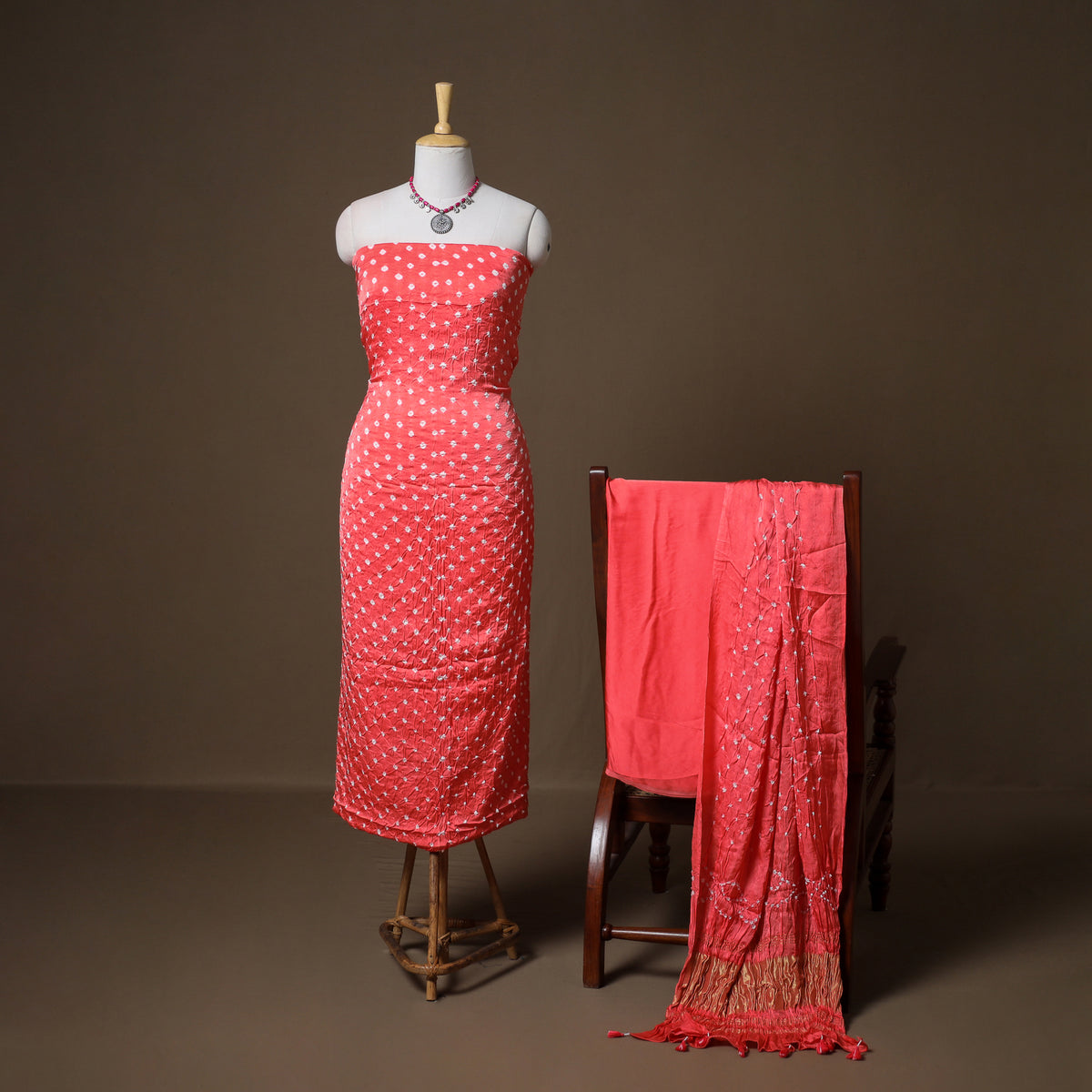 Kutch Bandhani Modal Silk Unstitched Dress Material: Kurta, Bottom & Dupatta 04