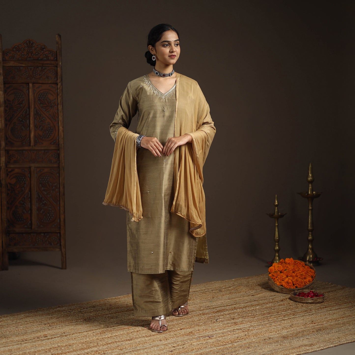 Brown - slub silk embroidered plain kurta set (set of 3) 01