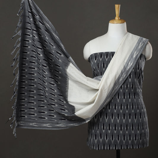 Grey - 3pc Pochampally Ikat Weave Handloom Cotton Suit Material Set 06