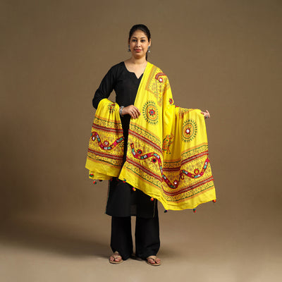  Yellow Mirror Work Printed Cotton Kutch Embroidery Dupatta