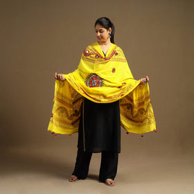  Yellow Mirror Work Printed Cotton Kutch Embroidery Dupatta
