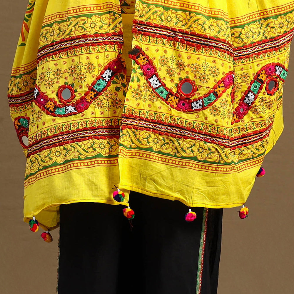  Yellow Mirror Work Printed Cotton Kutch Embroidery Dupatta