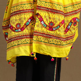  Yellow Mirror Work Printed Cotton Kutch Embroidery Dupatta