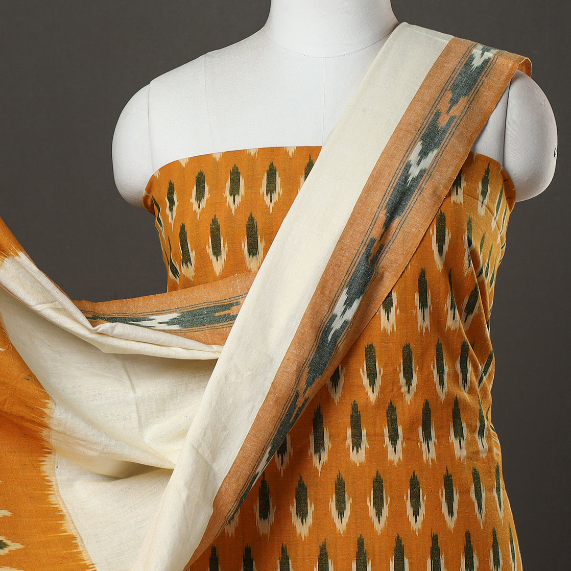 Orange - 3pc Pochampally Ikat Weave Handloom Cotton Suit Material Set 08